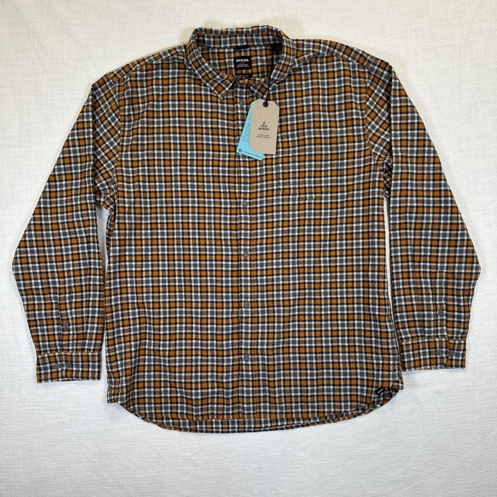 prAna Men's Los Feliz Flannel Shirt Pecan Pie Orange Blue Plaid XXL